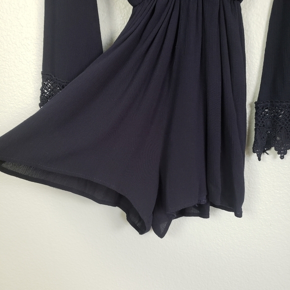 SAGE Faux Wrap Chrochet Long Sleeve Romper Navy Sz S Whimsigoth Stevie Nicks - Picture 5 of 10